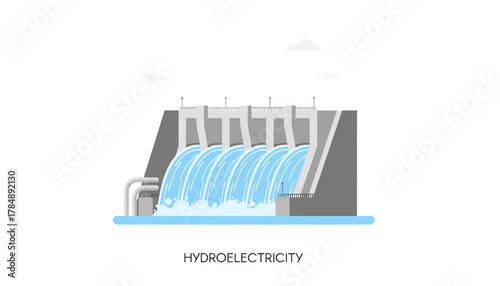 Flat illustration of a hydroelectric dam with flowing water and turbines on a white background.