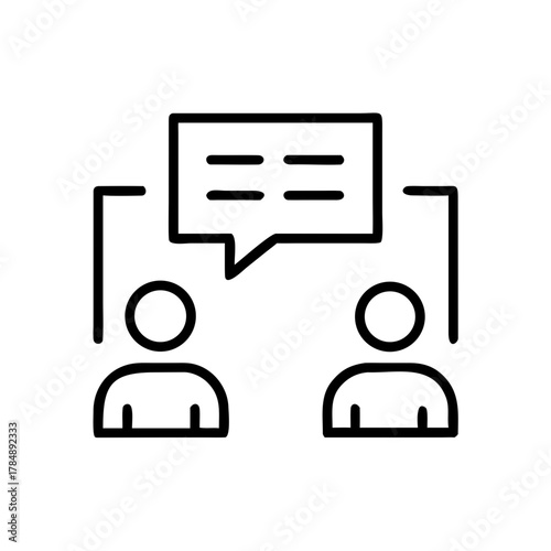 Two people communicating with speech bubbles in simple line art style  