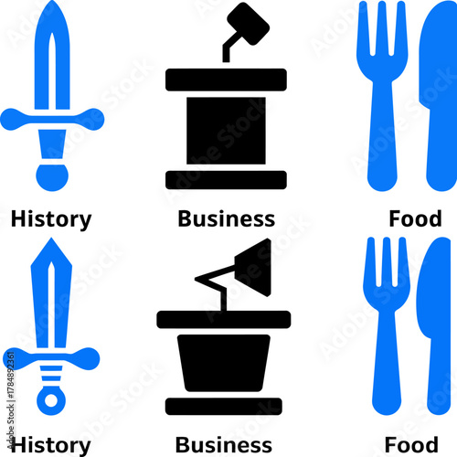 Visual Representation of History Business and Food with Sword Podium and Fork and Knife Icons in a graphic Design