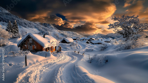 Winter landscape snowy village