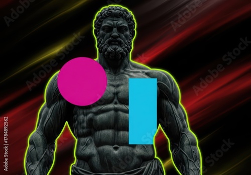 Man bust sculpture adorned with geometric shapes and neon glow. Modern aesthetic with contemporary art and classic statue. Retro synth wave style.