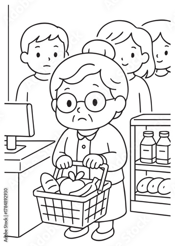 coloring book grandmother paying at cashier with basket of goods