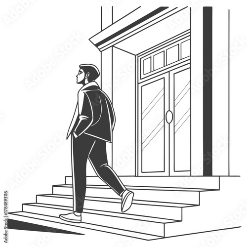 A man in a jacket walks up the steps to a building, looking to the side