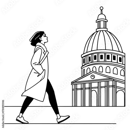 A woman in a coat walks past a building with a dome, looking up