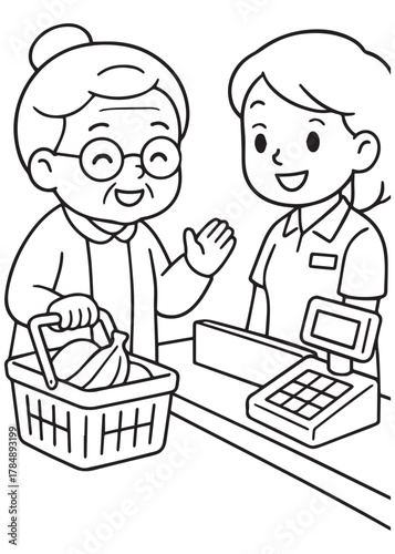 coloring book grandmother chatting happily with cashier
