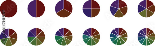 Pie charts diagram set.  Different color circles isolated. Circle section graph. Circle pie charts 1,2,3,4,5,6,7,8,9,10,11,12 sections.