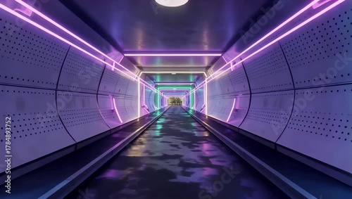Futuristic neon corridor with reflective moving walkway and symmetrical light tunnel