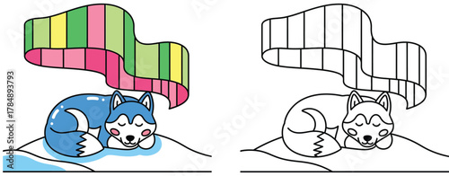 Cute Cartoon Husky Sleeping Under Northern Lights Vector Illustration