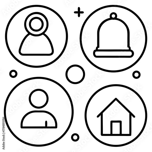 Four circular icons representing user, notification, home, and profile features