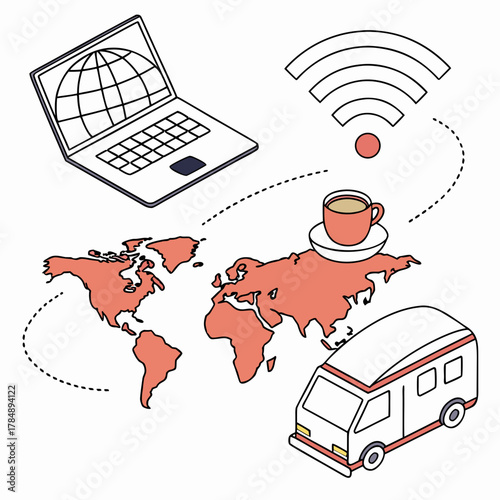 Illustration of digital nomad lifestyle with laptop, wifi, coffee, world map, and van