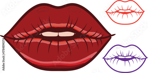 Bold red lips with two smaller lip outlines on a black background graphic art