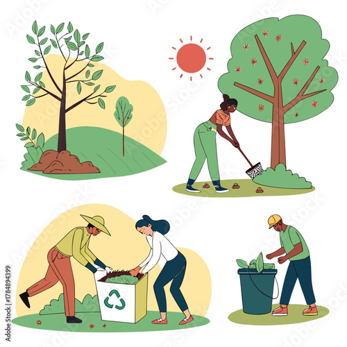 Illustration of people gardening, raking leaves, and recycling for environmental conservation