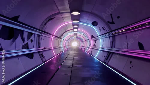 Futuristic neon tunnel pedestrian walkway with circular architecture and led lighting
