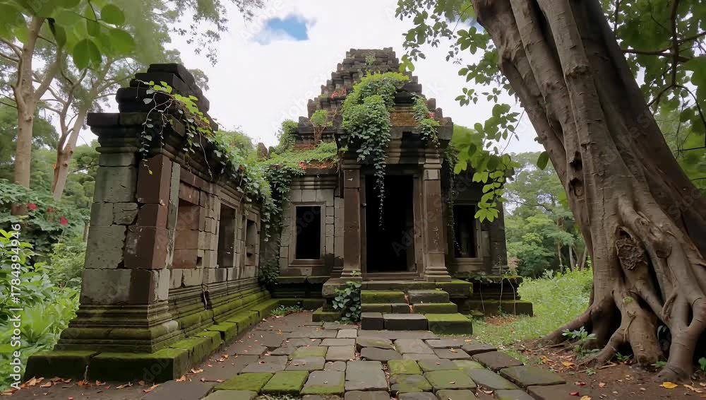 Ancient stone temple ruins overgrown with moss and banyan tree roots in ...