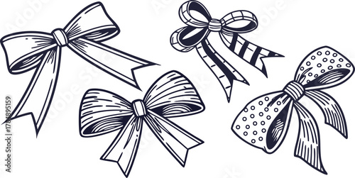 A collection of six different hand-drawn bow illustrations are arranged against a stark white background. The bows are drawn in a detailed, monochromatic ink-sketch style, utilizing cross-hatching and