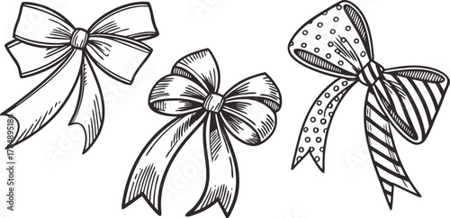 A collection of six different hand-drawn bow illustrations are arranged against a stark white background. The bows are drawn in a detailed, monochromatic ink-sketch style, utilizing cross-hatching and