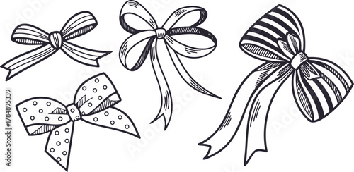 A collection of six different hand-drawn bow illustrations are arranged against a stark white background. The bows are drawn in a detailed, monochromatic ink-sketch style, utilizing cross-hatching and