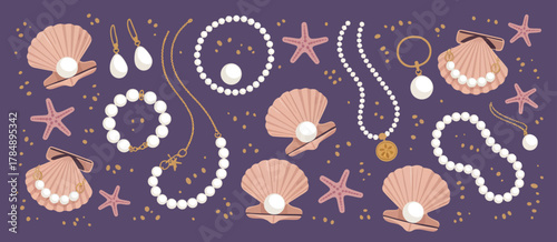 Retro Jewelry and Pearls – Funky Cartoon Sea Treasure Earrings, Necklaces, Seashells and Pearl Rings, Marine Fashion Elements for Beach Lifestyle Sticker Illustration