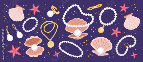 Retro Jewelry and Pearls – Funky Cartoon Sea Treasure Earrings, Necklaces, Seashells and Pearl Rings, Marine Fashion Elements for Beach Lifestyle Sticker Illustration