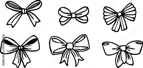 A collection of six different hand-drawn bow illustrations are arranged against a stark white background. The bows are drawn in a detailed, monochromatic ink-sketch style, utilizing cross-hatching and