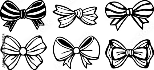A collection of six different hand-drawn bow illustrations are arranged against a stark white background. The bows are drawn in a detailed, monochromatic ink-sketch style, utilizing cross-hatching and