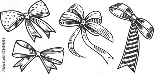 A collection of six different hand-drawn bow illustrations are arranged against a stark white background. The bows are drawn in a detailed, monochromatic ink-sketch style, utilizing cross-hatching and