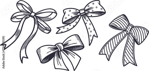 A collection of six different hand-drawn bow illustrations are arranged against a stark white background. The bows are drawn in a detailed, monochromatic ink-sketch style, utilizing cross-hatching and