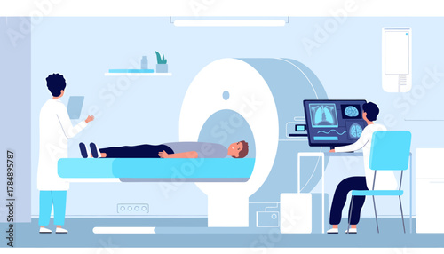 Illustration of a patient lying on an MRI machine with a doctor and technician operating the scan in a medical setting.