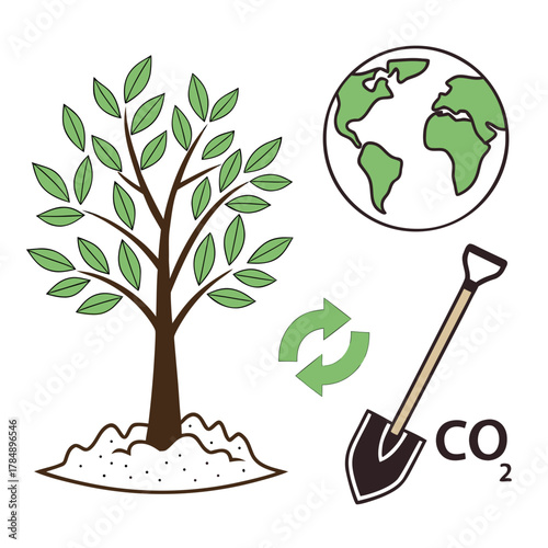 Tableau sur toile Illustration of tree, earth, shovel, and co2, representing carbon sequestration