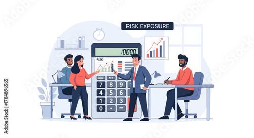 Risk exposure analysis with team and calculator in office.