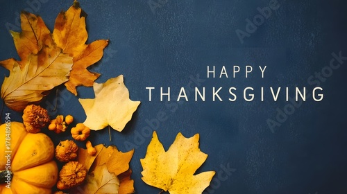 Bright yellow autumn leaves and pumpkins on deep-blue backdrop, copy-space for logo/text, sleek American Thanksgiving commentary photo