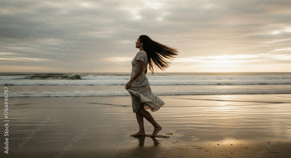 Fototapeta premium Woman in a flowing dress walking on a beach at dusk. Concept of freedom and mental wellness. Serene coastal escape for mindful travel. Solitude and contemplation in nature with golden light