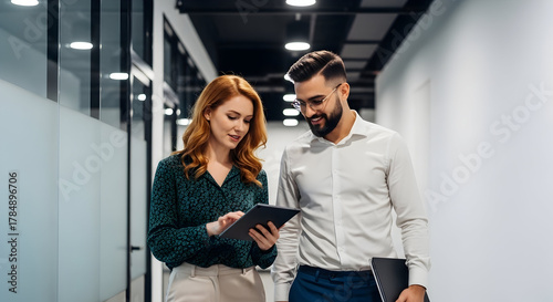 Two business professionals walking in a modern office hallway, collaborating and discussing work using a digital tablet.