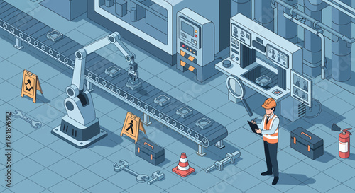 Isometric robotic factory automation inspection by engineer. Manufacturing production line, quality control and industrial technology concept