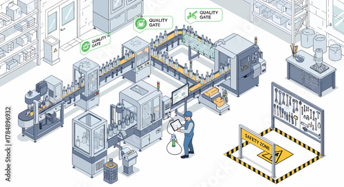 Vector Isometric: Bottling Plant Process, Quality Control, Automation, Worker Monitoring. Industrial Manufacturing Illustration for Presentation, Web Design.