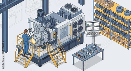 Vector Isometric: Manufacturing Engineer Inspecting Turbine Component with Tablet on Advanced CNC Machine in Factory