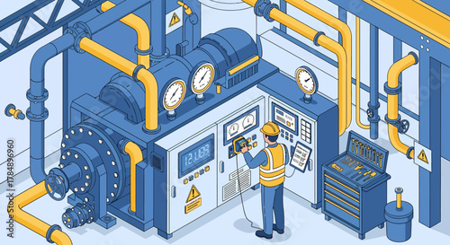 Isometric industrial maintenance: engineer inspecting machinery in factory, vector illustration for manufacturing, power plant operations, automation, and engineering services