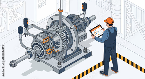 Isometric Engineer Inspecting Gearbox Data on Tablet in Factory. Industrial maintenance, digital transformation, predictive maintenance.