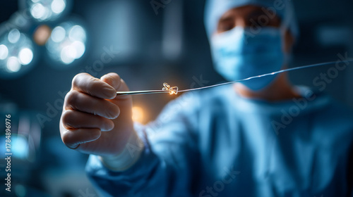Faceless interventional radiology surgeon performing catheter treatment defocused X ray visualization background minimally invasive procedure medical intervention in progress
