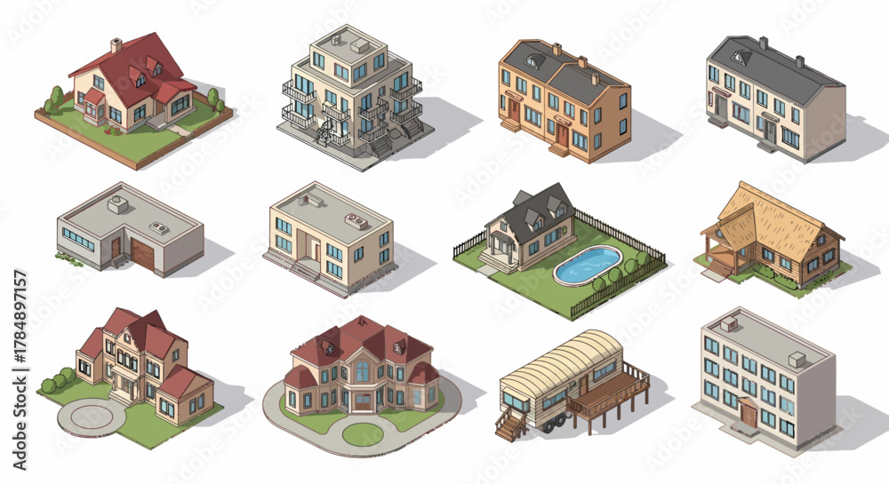 Fototapeta premium Diverse vector isometric building collection. Property assets and neighborhood scene for city planning design.