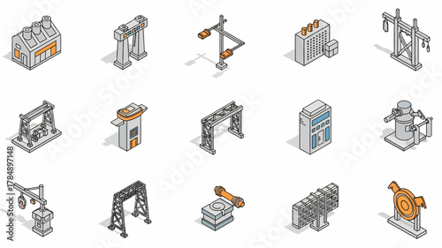 Isometric industrial factory elements collection for manufacturing processes and infrastructure development visualization