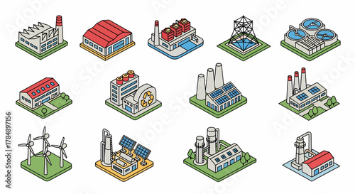 Isometric Industrial Buildings Set: Factories, Wind Turbines, Recycling Plant, Renewable Energy - Sustainable Business, Infographic Icons