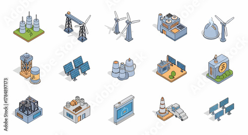 Vector Isometric Renewable Energy & Industry Icons: Sustainable Power Generation, Manufacturing & Electric Vehicles for Eco-Friendly Business Presentation