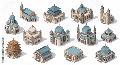 Vector Isometric Religious Buildings Collection: Church, Mosque, Temple Architecture for World Cultures, History and Religion Presentations
