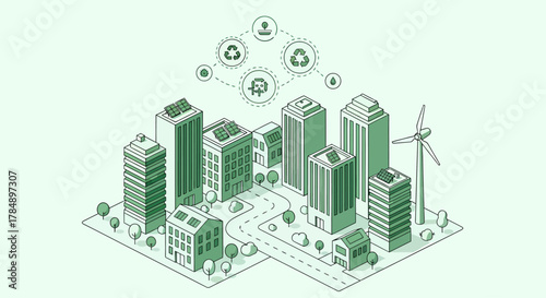 Vector Isometric Green City Concept: Sustainable Urban Design with Renewable Energy and Recycling Icons.