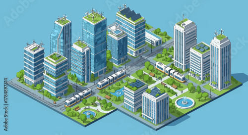 Vector isometric sustainable city concept with modern buildings, green rooftops, electric trains - eco-friendly urban design for business presentation