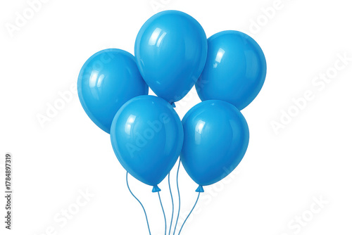 Blue helium balloons floating in a bunch, celebrating special occasion or event with party decoration and transparent background