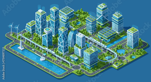 Vector Isometric Green Cityscape with Modern Architecture, Sustainable Design and Eco-Friendly Transportation