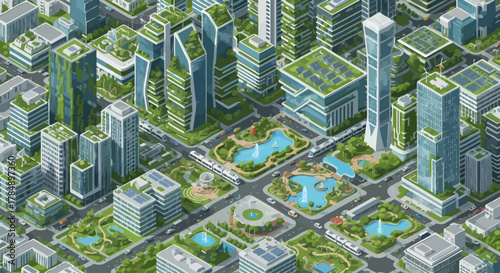 Vector Isometric Sustainable Cityscape: Green Buildings, Urban Parks & Eco-Friendly Public Transportation for Ecological Urban Planning & Design