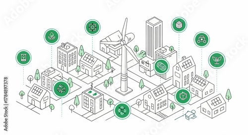 Isometric vector smart city concept: renewable energy and sustainable urban development with wind turbine and solar panels - environmental technology and ecology